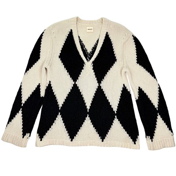 Khaite Valerie Argyle Cashmere Sweater Deep V-Neck Cream Black Oversized Cozy M - Picture 2 of 14